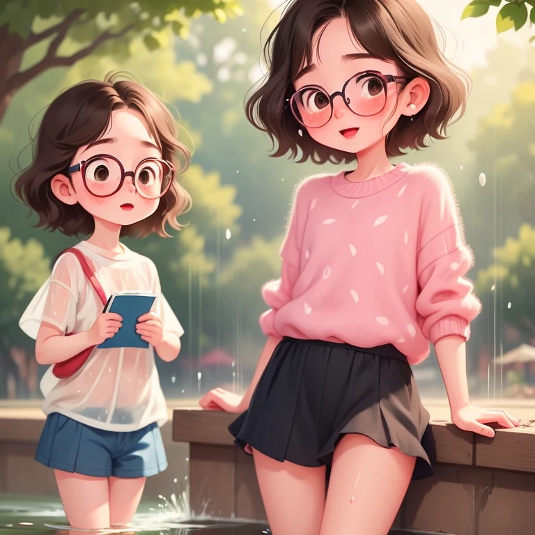 13-year-old girl，low length，Very thin thighs，Black Hair，Glasses，He seemed fine..，Very detailed，(((Children))) reading to other Children，Very low length，Thin thighs，Brown Hair, a bit:1.2, Brown eyes, bangs, short hair, whole body, bangs, blush，Fountain Square pond in early summer，Soaked, see-through clothes，Drenched body，Laughing happily，Lots of water splashes，Water Drop，Water Play，Sweat，soaking wet pussy，Children in the background，Jojo Fashion，Bruises and gestures，