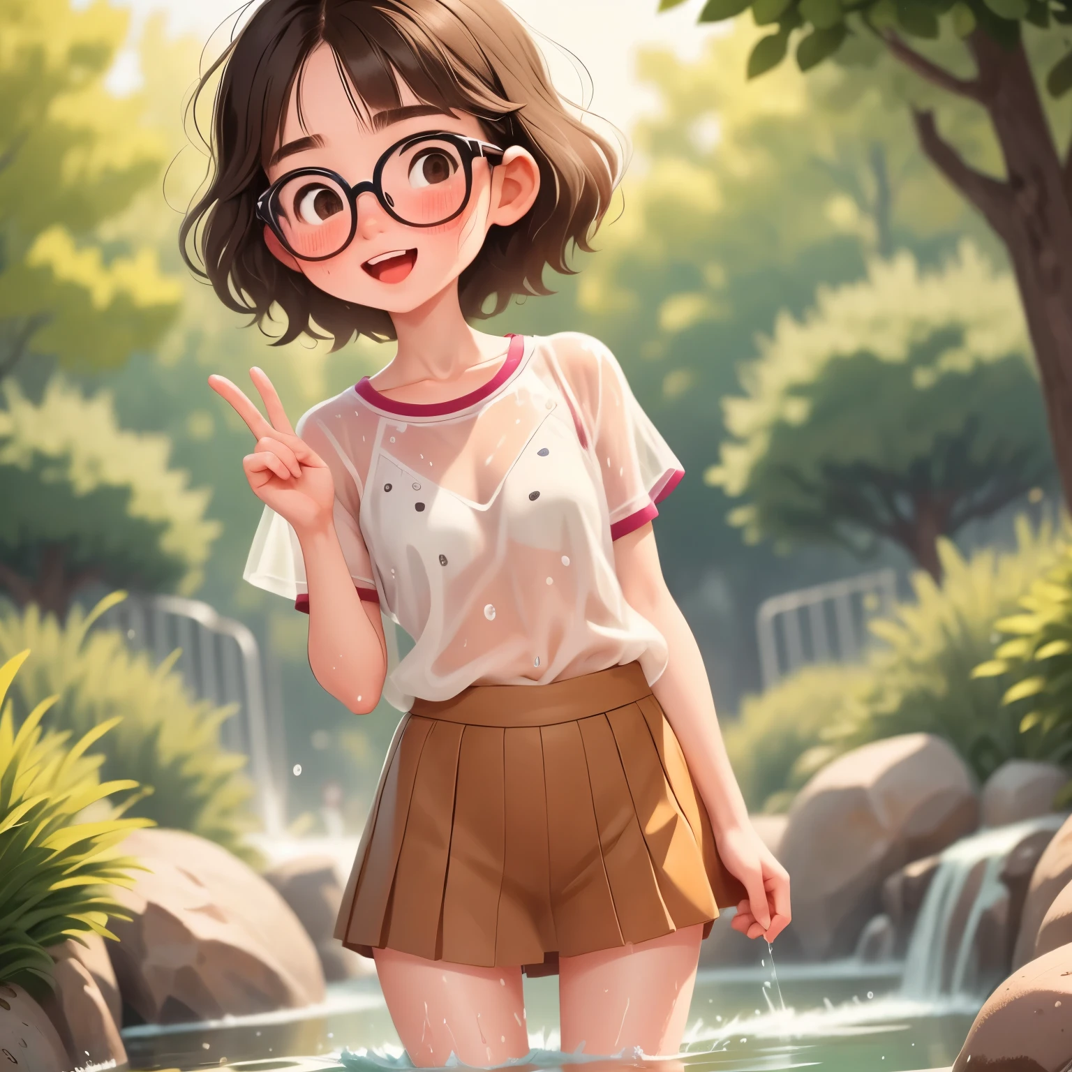 13-year-old girl，low length，Very thin thighs，Black Hair，Glasses，He seemed fine..，Very detailed，(((Children))) ，Very low length，Thin thighs，Brown Hair, a bit:1.2, Brown eyes, bangs, short hair, whole body, bangs, blush，Fountain Square pond in early summer，Soaked, see-through clothes，Drenched body，Laughing happily，Lots of water splashes，Water Drop，Water Play，Sweat，soaking wet pussy，Children in the background，Jojo Fashion，Bruises and gestures，