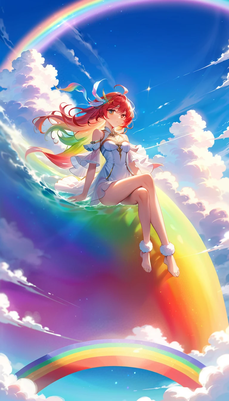 A stunningly ethereal figure, composed of a dazzling array of rainbow hues, relaxes gracefully on fluffy clouds at the end of a radiant rainbow in the sky. Bathed in dynamic and enchanting lighting, accentuates her vibrant, full-bodied form. Fantasy art. Masterpiece 