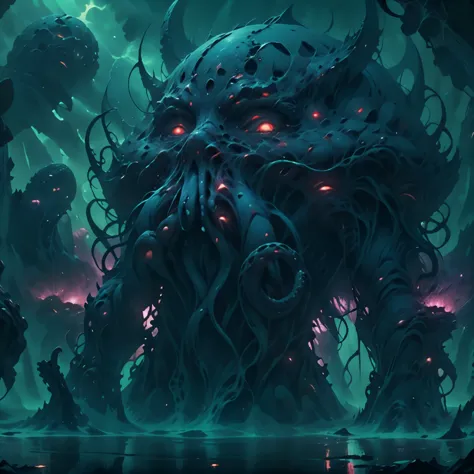 a monstrous tentacled entity,surreal dark fantasy,malevolent cosmic horror,tentacles,an elder god,abyssal depths,nightmarish,oth...