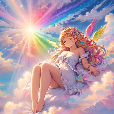 A stunningly ethereal woman, composed of a dazzling array of rainbow hues, reclines gracefully at the end of a radiant rainbow a...