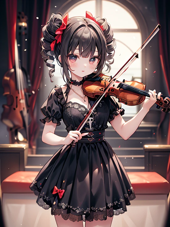 masterpiece, highest quality, Very detailed, 16k, Ultra-high resolution, 17-year-old girl, Detailed face, Perfect Fingers, Anatomically correct, black eye, Black Hair, Long Hair, Drill Hair, (mega twin drills:1.5), (Red dress:1.5), Shoulder-to-shoulder clothing, Skirt with a widened hem, necklace, stage, (violin:1.5), (少女はviolinを演奏する:1.5)