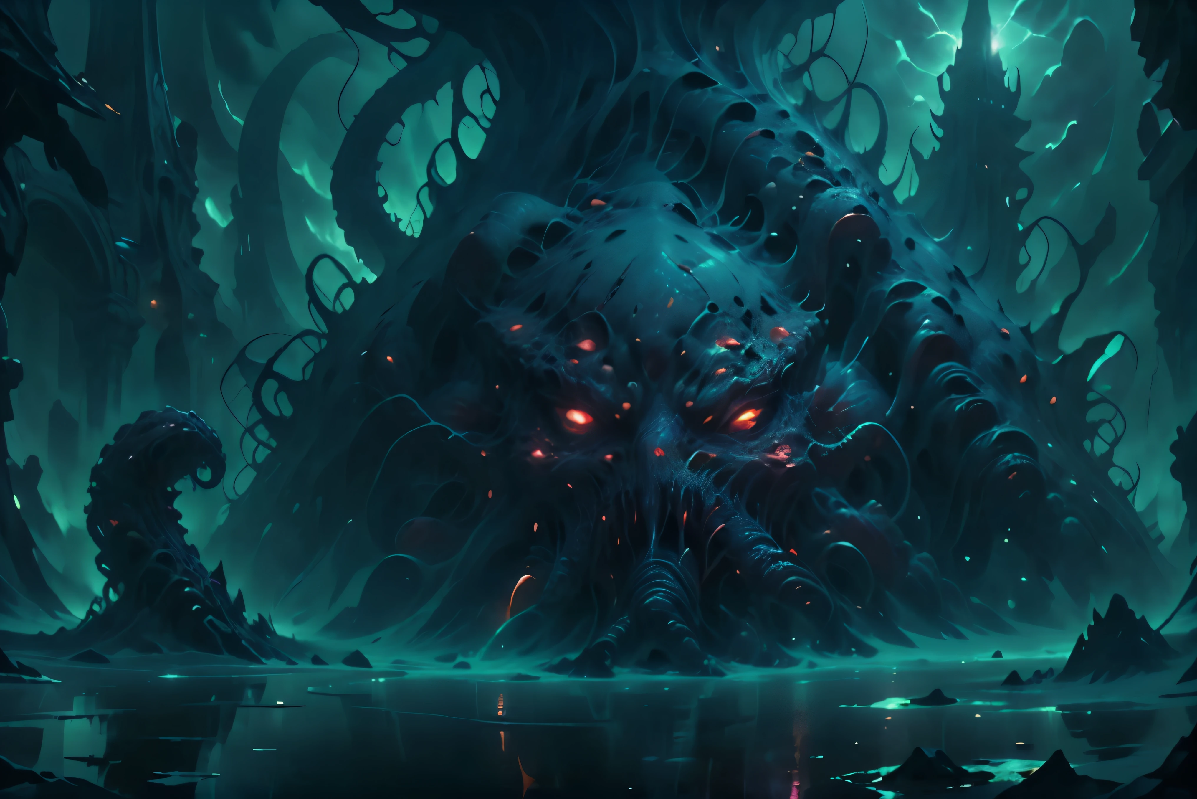 a monstrous tentacled entity,surreal dark fantasy,malevolent cosmic horror,tentacles,an elder god,abyssal depths,nightmarish,otherworldly,atmospheric,dramatic lighting,chiaroscuro,moody colors,deep blues and purples,glowing eyes,detailed textures,intricate patterns,organic forms,best quality,8k,high-resolution,photorealistic,masterpiece,digital painting,concept art