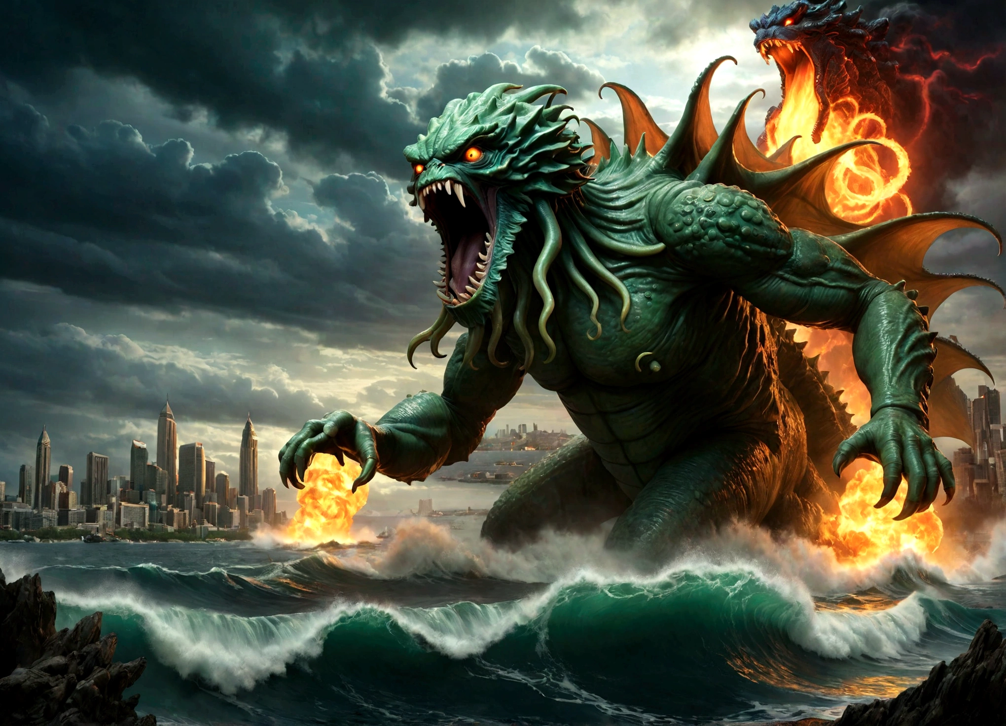 Cthulu is approaching Bangkok, from the other side of the city Godzilla roars and shoots nuclear fire