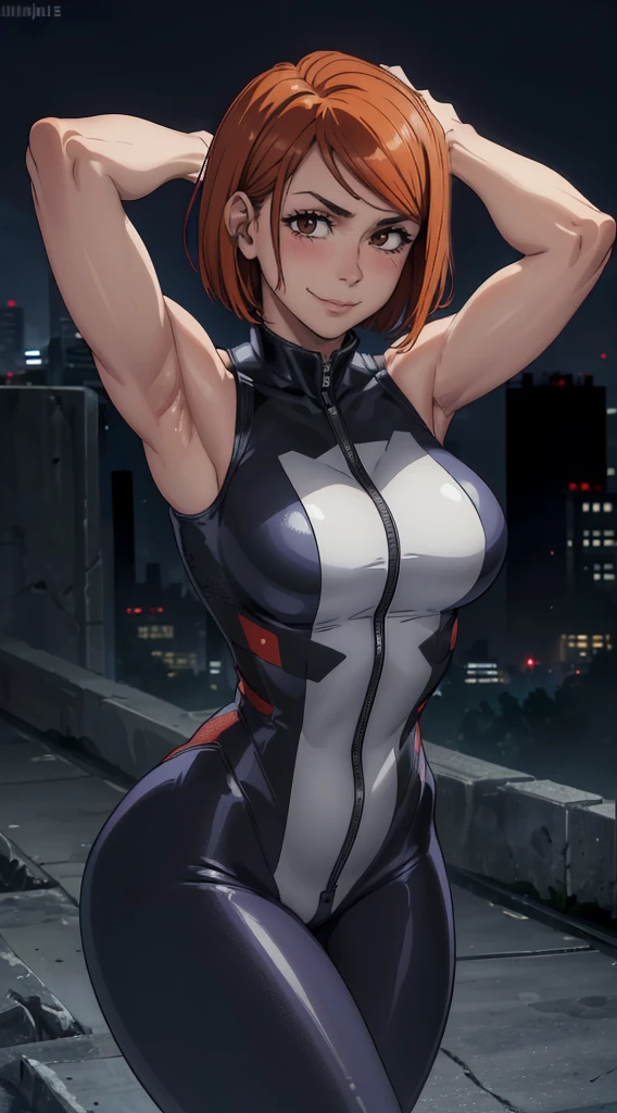 (melhor qualidade:1.3), (qualidade 4K), Nobara Kugisaki by jujutsu no kaisen, ((detailed face)),((smile)), ((curvy body)), (peitos grandes), sexy, (( cut hair)), ((body suit clivagem, sleeveless)), ((city)), arms up, armpits visible