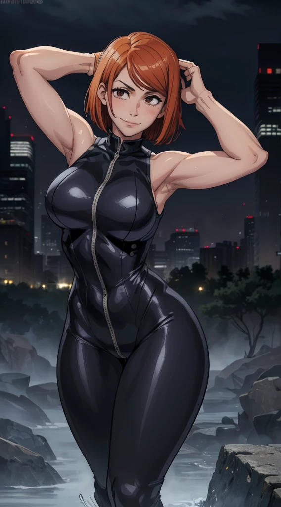 (melhor qualidade:1.3), (qualidade 4K), Nobara Kugisaki by jujutsu no kaisen, ((detailed face)),((smile)), ((curvy body)), (peitos grandes), sexy, (( cut hair)), ((body suit clivagem, sleeveless)), ((city)), arms up, armpits visible