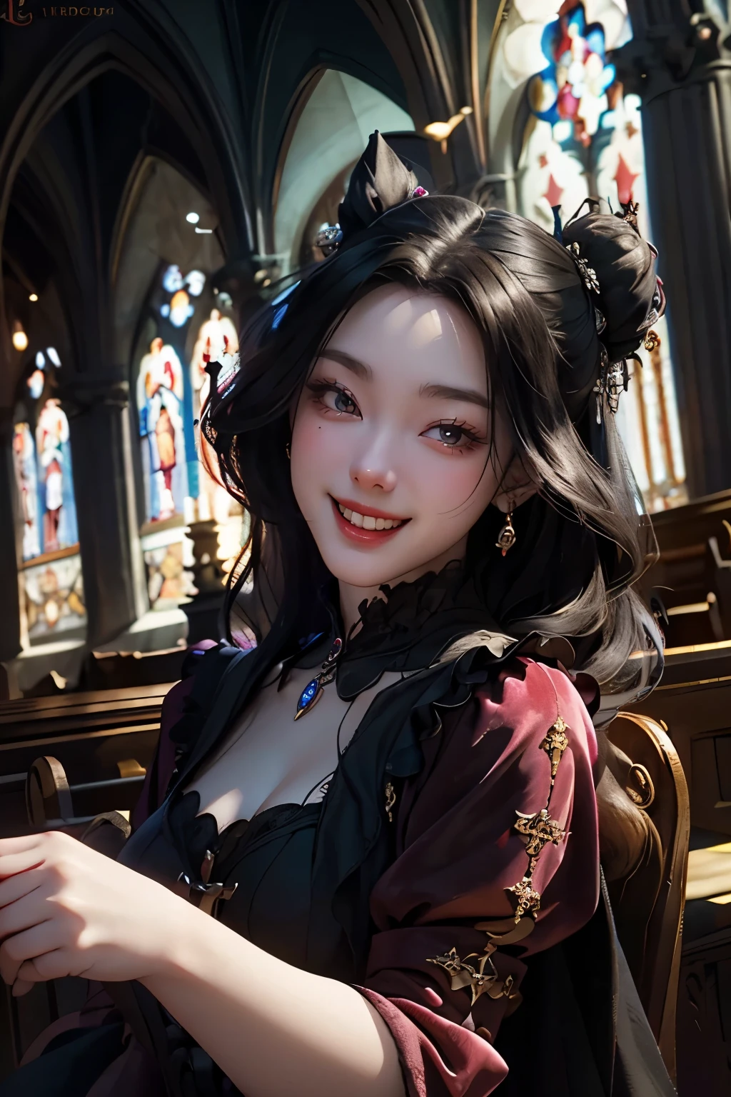 an old woman with the bearing of a madame in a velvet dress laughing wickedly with black eyes and lights and shadows in all art with a background of a Gothic interior church, Gothic