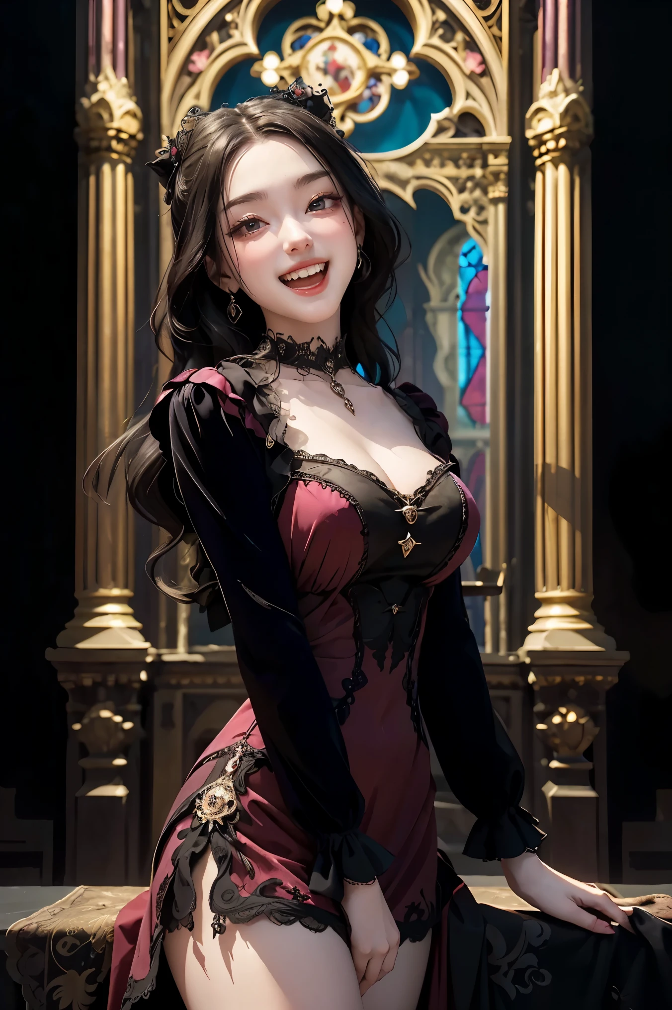 an old woman with the bearing of a madame in a velvet dress laughing wickedly with black eyes and lights and shadows in all art with a background of a Gothic interior church, Gothic