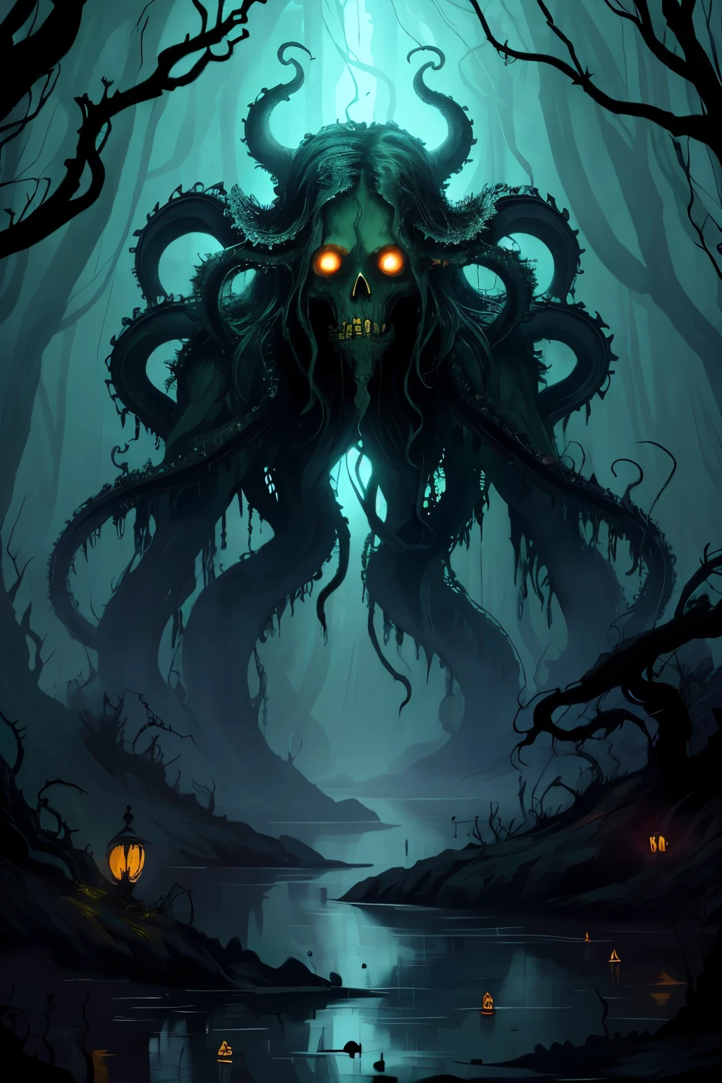 Archaic Lovecraftian entity, Cthulhu, emerges from the murky abyss, adorned with a skull-like visage and sinewy octopus tendrils. The swampy depths, grimy with moss and vines, churn violently as the creature rises, casting a haunting silhouette against the backdrop of fireflies, their ethereal glow illuminating the midnight moonlight, creating an otherworldly and chilling atmosphere. (masterpiece:1.2) (illustration:1.2) (best quality) (detailed) (intricate) (8K) (HDR) (wallpaper)