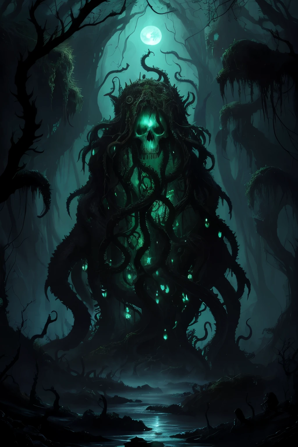 Archaic Lovecraftian entity, Cthulhu, emerges from the murky abyss, adorned with a skull-like visage and sinewy octopus tendrils. The swampy depths, grimy with moss and vines, churn violently as the creature rises, casting a haunting silhouette against the backdrop of fireflies, their ethereal glow illuminating the midnight moonlight, creating an otherworldly and chilling atmosphere. (masterpiece:1.2) (illustration:1.2) (best quality) (detailed) (intricate) (8K) (HDR) (wallpaper)