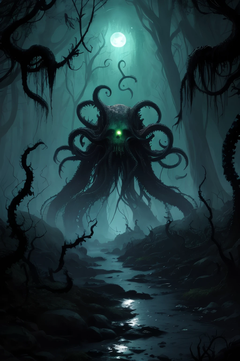 Archaic Lovecraftian entity, Cthulhu, emerges from the murky abyss, adorned with a skull-like visage and sinewy octopus tendrils. The swampy depths, grimy with moss and vines, churn violently as the creature rises, casting a haunting silhouette against the backdrop of fireflies, their ethereal glow illuminating the midnight moonlight, creating an otherworldly and chilling atmosphere. (masterpiece:1.2) (illustration:1.2) (best quality) (detailed) (intricate) (8K) (HDR) (wallpaper)