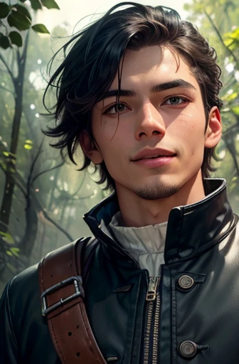 (highest quality, masterpiece:1.2), One boy, Detailed Hair, Fine grain, Detailed lips, Hector Fe, short hair, Blue Hair, blue eyes, Military coat, Upper Body, belt, Dense forest, Realistic colors, Studio Lighting, View Viewer, A confident smile, From below