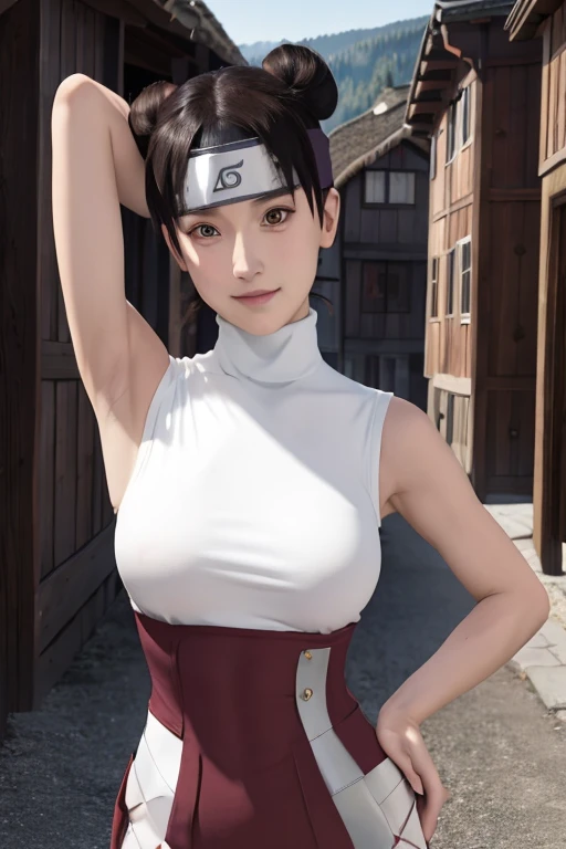 masterpiece, absurdres , (intricate details), (colorful),cinematic lighting,bust shot,extremely detailed CG unity 8k wallpaper,tenten\(shippuden\), 1girl, solo, ((white sleeveless turtleneck)), (large breasts), hand on hip,forehead protector, konohagakure symbol, headband,  looking at viewer, (village street), charming smile, ((slim waist)), ((blushing)), armpit, nsfw:1.5