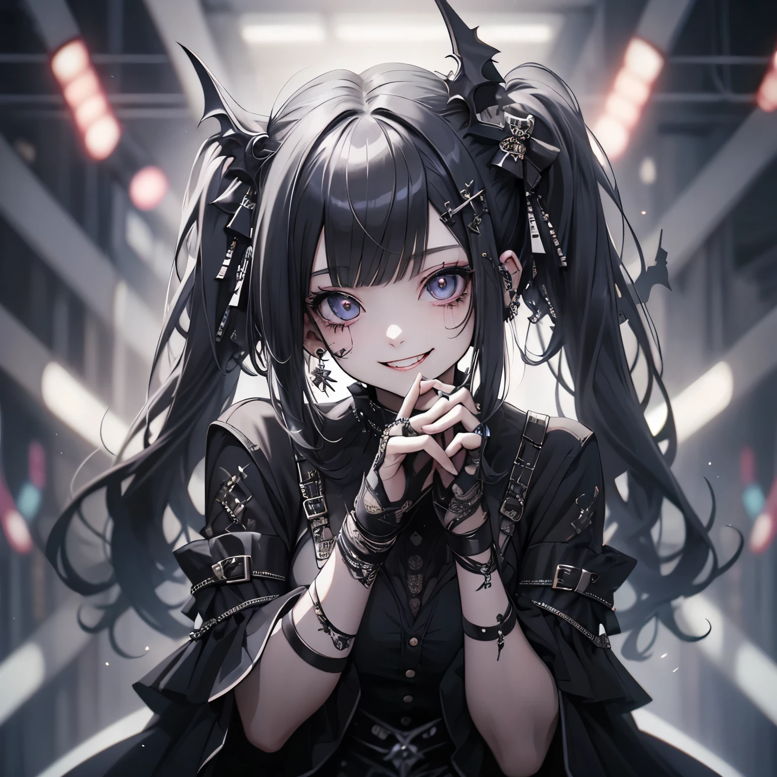(masterpiece), highest quality, Ultra-high resolution,Gothic、Silver Hair、Black Hair、Twin tails、Big smile、Bat、vocal、smile、cool、band、live、Visual Kei、Sick Makeup