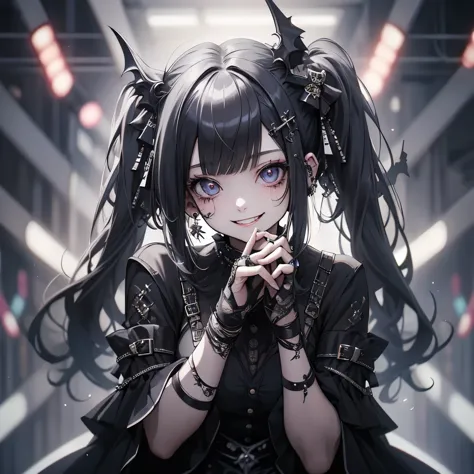 (masterpiece), highest quality, Ultra-high resolution,Gothic、Silver Hair、Black Hair、Twin tails、Big smile、Bat、vocal、smile、cool、ba...