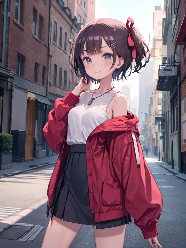 masterpiece, highest quality, High resolution, bandges, short hair, Hair Ribbon, Hair Clip, necklace, Sleeveless shirt, White shirt, Red jacket, Off the shoulder, Sleeves are longer than the wrist, Long sleeve, Black Skirt, High Waist Skirt, smile, Cowboy Shot, Are standing, street,