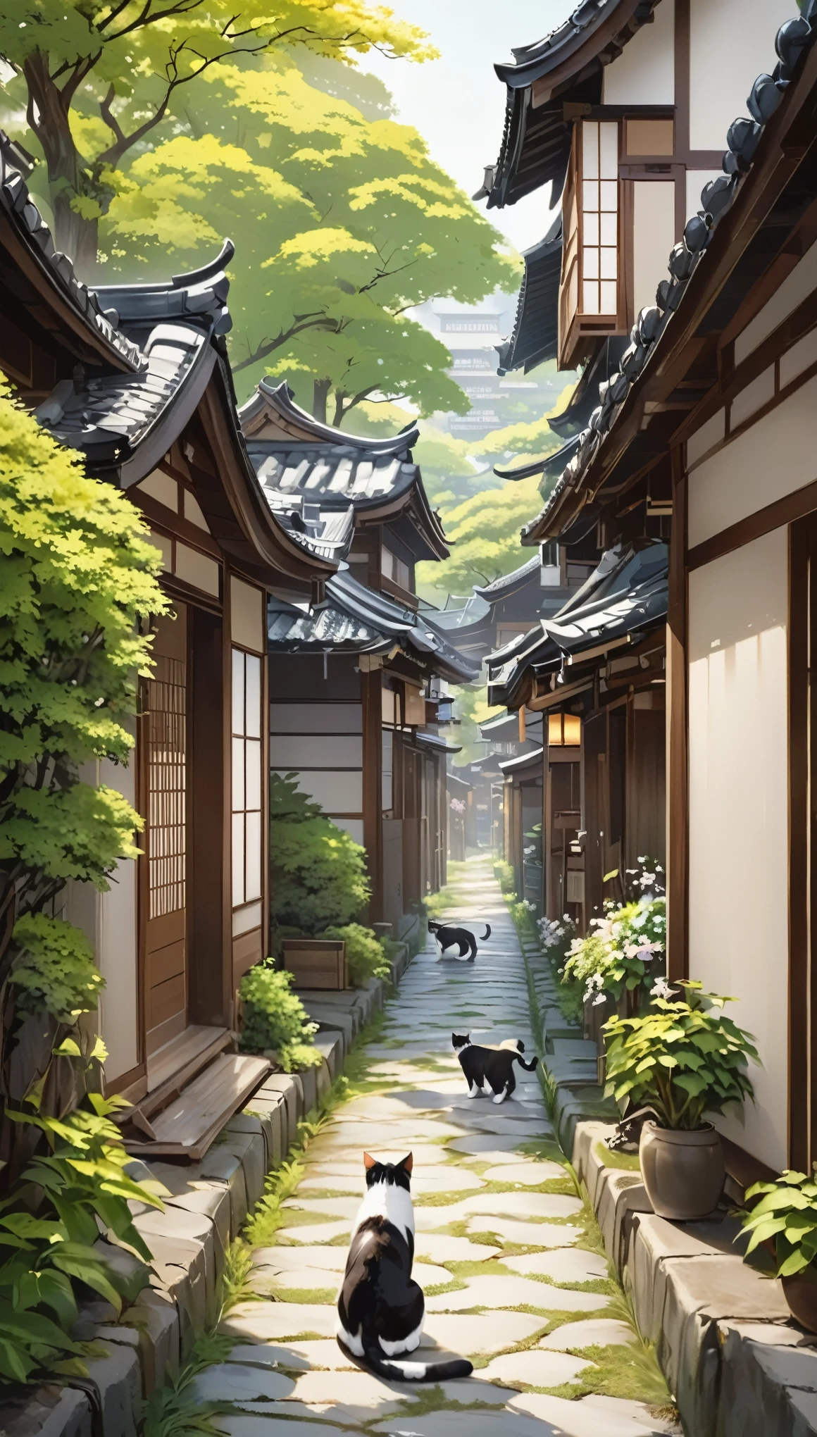 Long Shot、The subject is small、Three-haired cat、、Three-haired cat strolling around as if it owns the place、Three-haired cat walking on the promenade、Old Japan cityscape、Plant-lined path、Different world、Create silence、