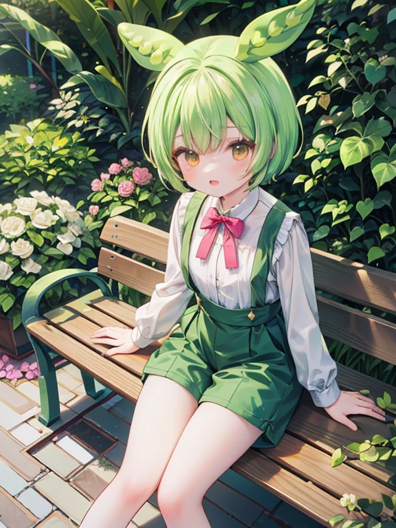 masterpiece, highest quality, Very detailed, 16k, Ultra-high resolution, 12-year-old girl, Detailed face, Perfect Fingers, Anatomically correct, zundamon, short hair, White blouse, Green shorts, suspenders, garden, Red Rose, white rose, bench, sit