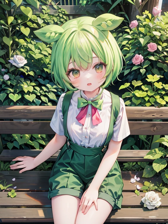 masterpiece, highest quality, Very detailed, 16k, Ultra-high resolution, 12-year-old girl, Detailed face, Perfect Fingers, Anatomically correct, zundamon, short hair, White blouse, Green shorts, suspenders, garden, Red Rose, white rose, bench, sit