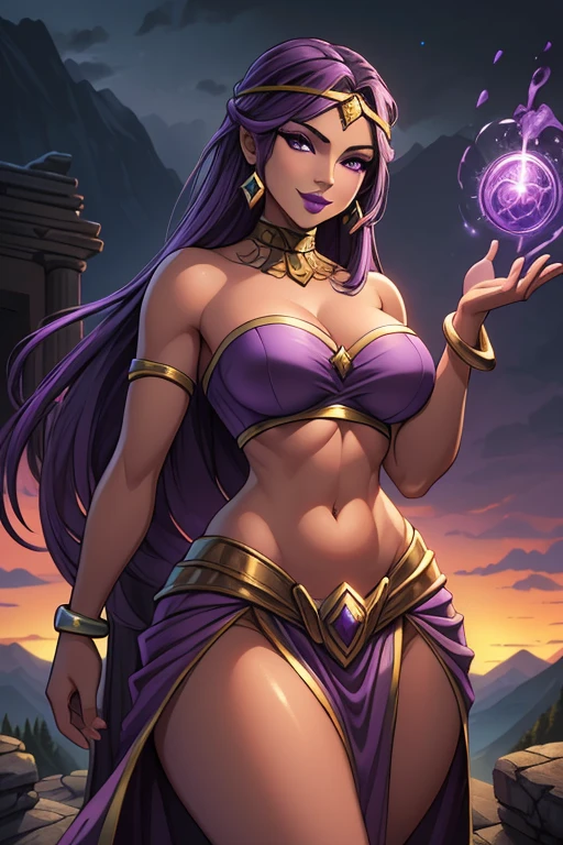 ((ultra quality)), ((masterpiece)), ((Purple-haired long hair)), (Beautiful face), (beautiful female lips), (Fantasy style, Fantasy setting), ((Sorceress)), (25 years old), charming, ((sexy facial expression)), looks at the camera, (dark skin color), (dark skin), glare on the body, ((Detailed eyes)), ((Purple eyes)), (juicy female lips), (purple lips), (purple eyeliner), (beautiful female hands), ((ideal female figure)), (Covered in Tattoo's), ideal female body, beautiful waist, beautiful hips, medium breasts, ((subtle and beautiful)), A seductive stance (She’s looking at the camera with an amused smile), (Wearing: headband, purple strapless top, purple mini-skirt, pelvic curtain, bracelets), both hands glowing bright purple, purple magic, bright purple sparks in both hands, (Background: Outdoors, stone temple, on top of a mountain, dark clouds in the sky, isolated tone, gorgeous view of the mountains), ((depth of field)), ((high quality clear image)), (clear details), ((high detail)), realistically, professional photo session, ((Clear Focus))
