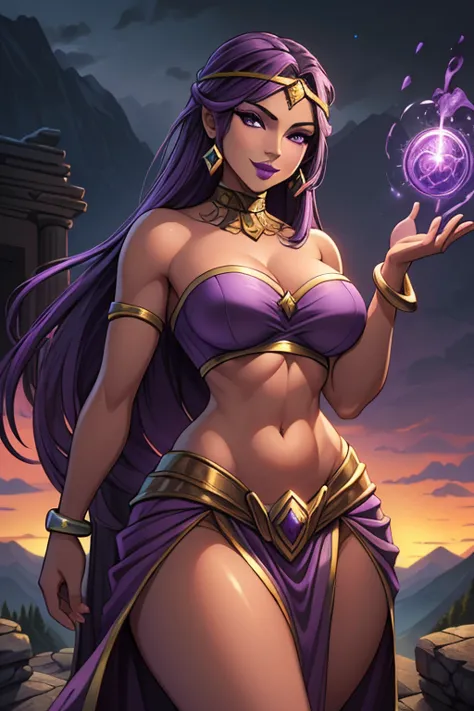 ((ultra quality)), ((masterpiece)), ((Purple-haired long hair)), (Beautiful face), (beautiful female lips), (Fantasy style, Fant...
