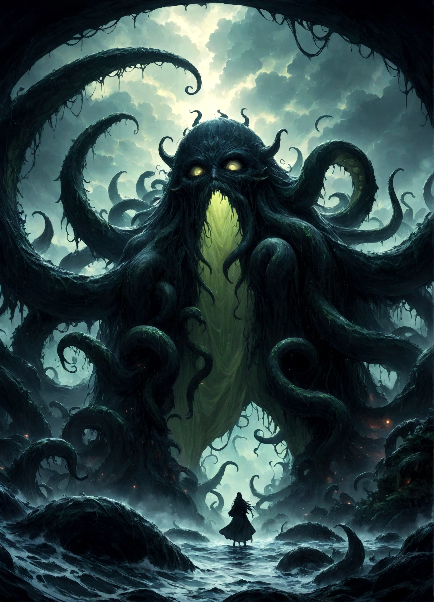 A dark fantasy scene depicting the terrifying creature Cthulhu,emerging from the abyss. The monstrous figure,shrouded in shadows,has large,((menacing tentacles reaching out toward the viewer:1.3)),The atmosphere is eerie and foreboding,with a stormy,nightmarish sky filled with swirling dark clouds. The sea below is turbulent and foamy,reflecting the chaos above. Dim,ghostly lights illuminate parts of Cthulhu’s form,enhancing the horror. The viewer feels an intense sense of dread as the tentacles draw nearer,creating a gripping,immersive experience.,(masterpiece:1.3),(highest quality:1.4),(ultra detailed:1.5),High resolution,extremely detailed,unity 8k wallpaper,(Draws a dark and decadent background,Expresses the fear that the viewer feels,collapses the bottom of the image,Please express it artistically by blurring it in some places.),dynamically,Presence,fear,despair,dark fantasy,Nervousness,Light and darkness