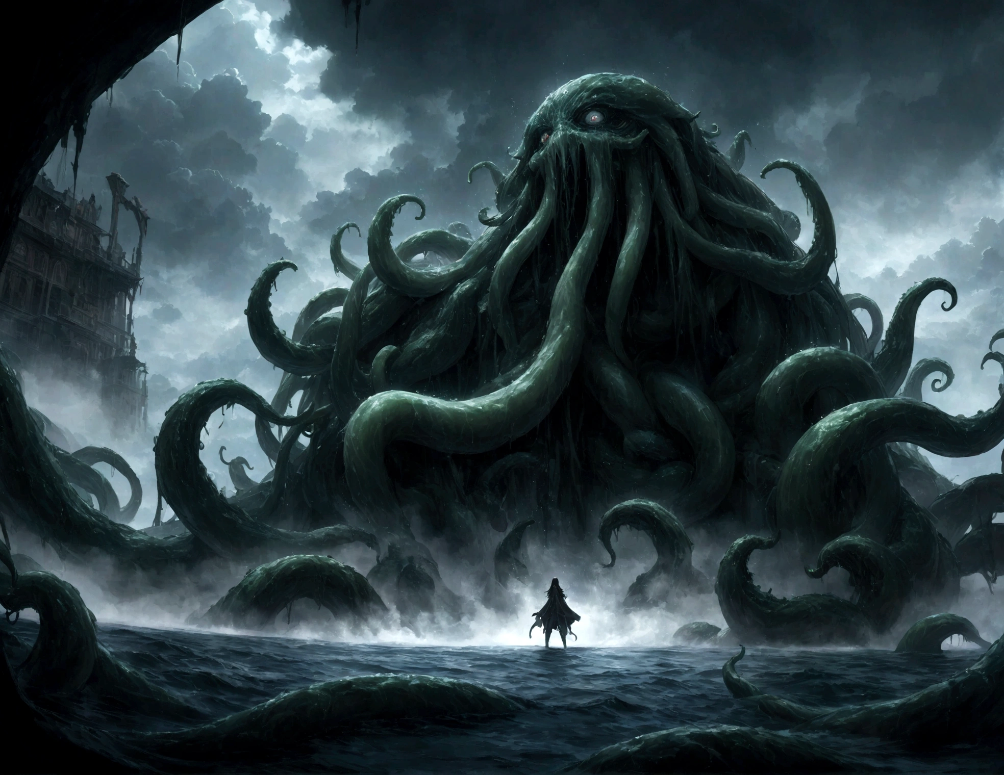 A dark fantasy scene depicting the terrifying creature Cthulhu,emerging from the abyss. The monstrous figure,shrouded in shadows,has large,((menacing tentacles reaching out toward the viewer:1.3)),The atmosphere is eerie and foreboding,with a stormy,nightmarish sky filled with swirling dark clouds. The sea below is turbulent and foamy,reflecting the chaos above. Dim,ghostly lights illuminate parts of Cthulhu’s form,enhancing the horror. The viewer feels an intense sense of dread as the tentacles draw nearer,creating a gripping,immersive experience.,(masterpiece:1.3),(highest quality:1.4),(ultra detailed:1.5),High resolution,extremely detailed,unity 8k wallpaper,(Draws a dark and decadent background,Expresses the fear that the viewer feels,collapses the bottom of the image,Please express it artistically by blurring it in some places.),dynamically,Presence,fear,despair,dark fantasy,Nervousness,Light and darkness