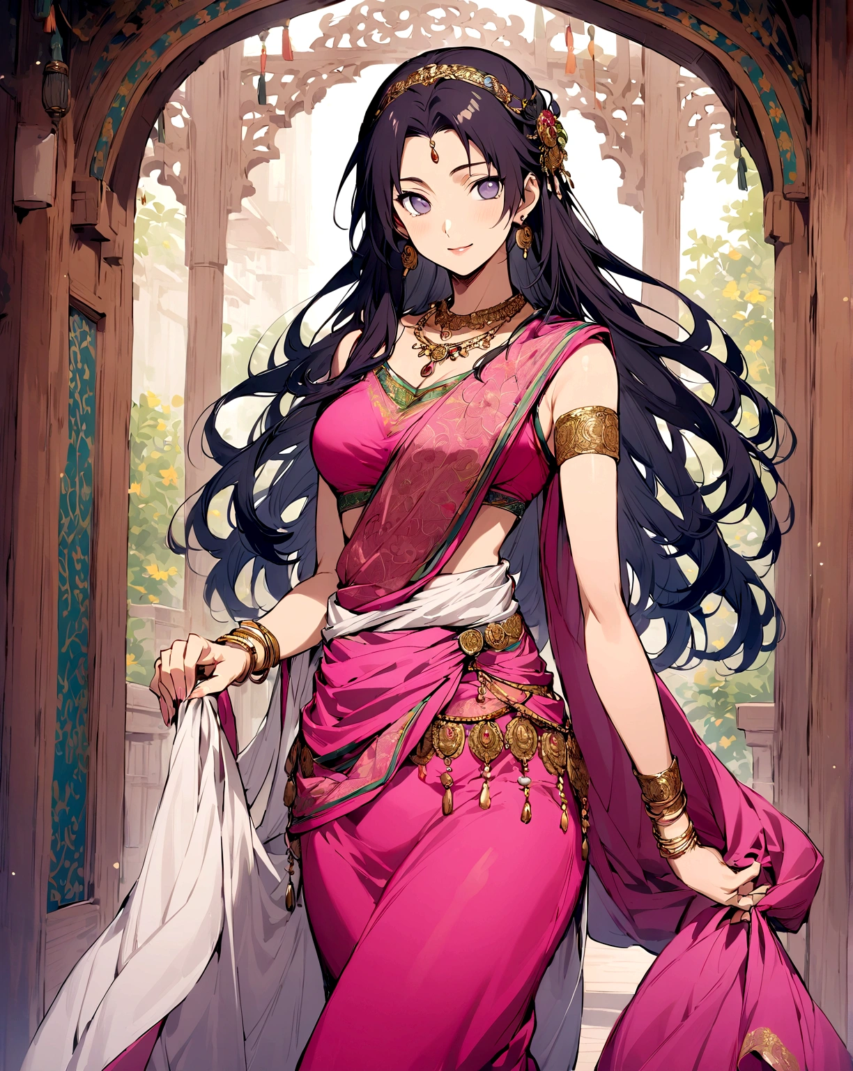 Hinata Hyuga (from Naruto),A beautiful, traditional Indian saree. You can choose a specific region's style for the saree, like Kanjeevaram or Banarasi.
The saree can be a pastel color that complements Hinata's hair and eye color, or a vibrant color that reflects her newfound confidence.
Include elegant jewelry like bangles, earrings, and a necklace that would suit Hinata's personality, Hinata standing gracefully, perhaps with one hand behind her back, and the other hand curved at her hip, focus on capturing Hinata's gentle beauty and newfound confidence,Indian dress,saree