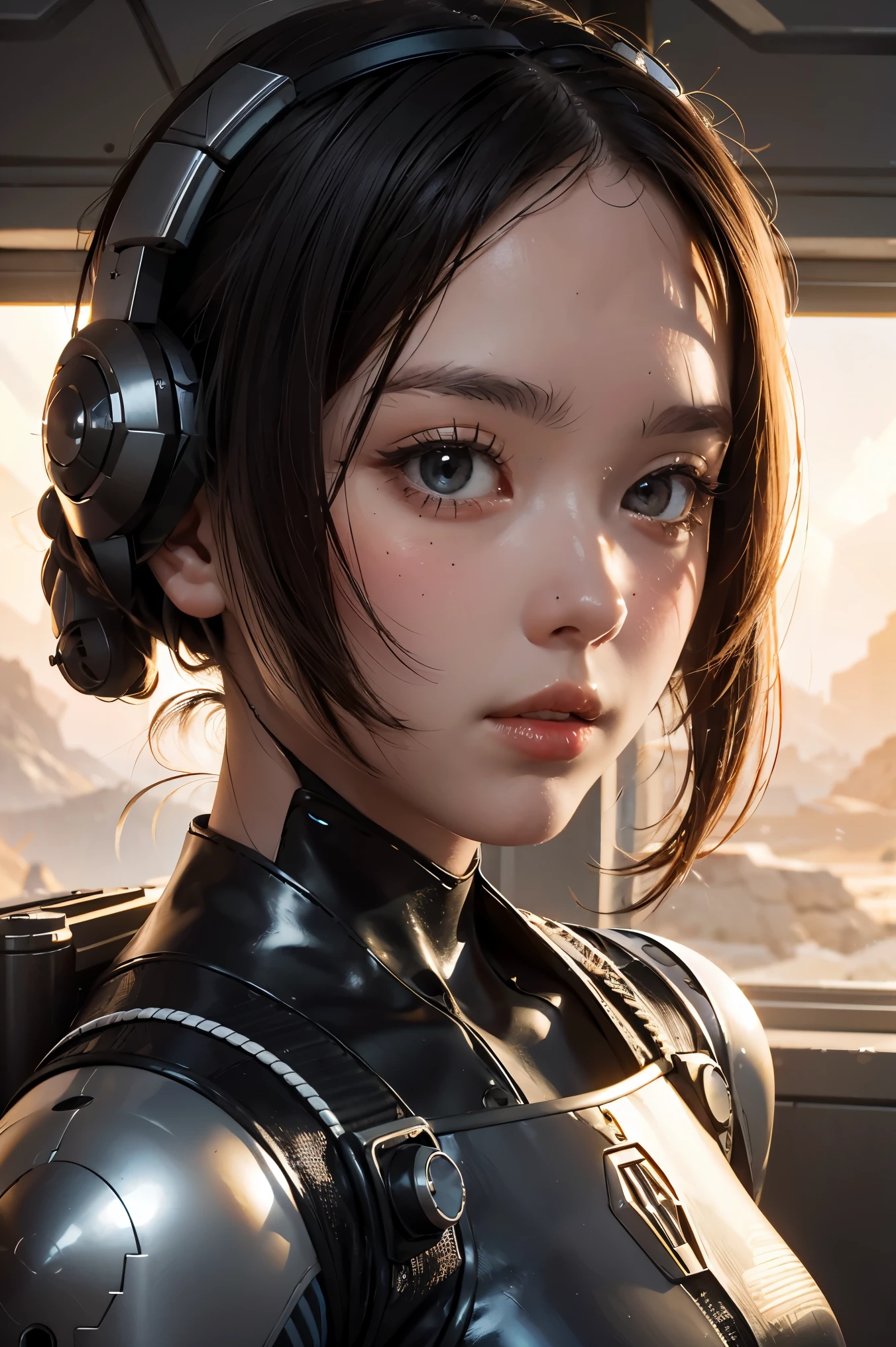 solo, solo focus, masterpiece close-up portrait of a woman wearing tactical gear in a tatooine building, light rays, caustics, mechanical parts, wiring, droid, metal jaw