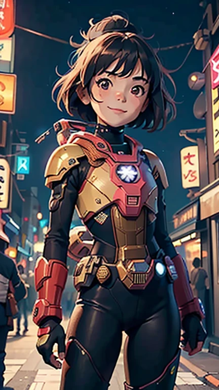 (8k),(masterpiece),(Japanese),(8-year-old girl),((innocent look)),((Petit)),From the front,smile,cute,Innocent,Kind eyes,flat chest, Slender, Judge Dredd costume,short,Hair blowing in the wind,Brown Hair,strong wind,midnight,dark,neon light futuristic city