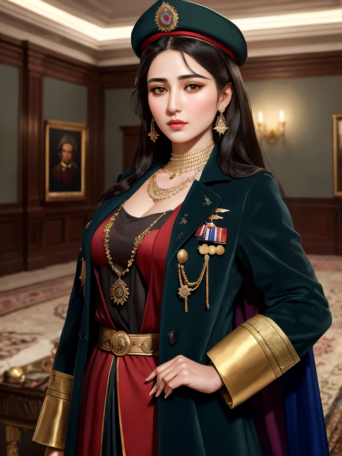 Afghan aristocracy girl, (38 years old), in the military room, necklace, cap, overcoat, arrogant expression, (masterpiece, best quality, highly detailed, hyper realistic) 