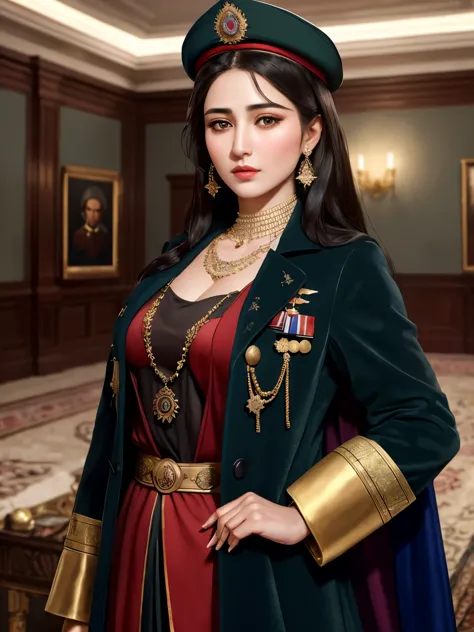 Afghan aristocracy girl, (38 years old), in the military room, necklace, cap, overcoat, arrogant expression, (masterpiece, best ...