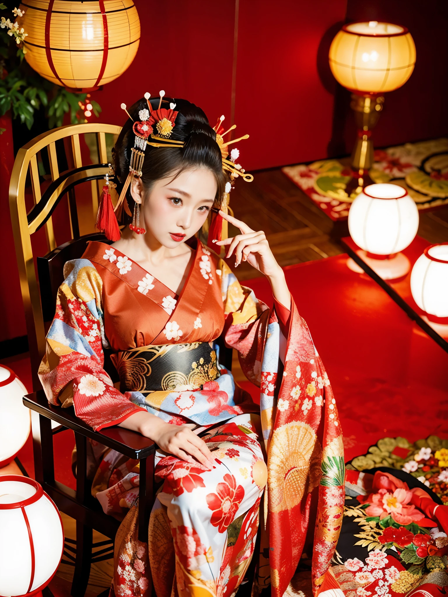 A Japanese woman in a red and white kimono sitting on a chair, Japanese Goddess, Gorgeous Japanese Model, in kimono, Beautiful Japanese Girls, red kimono, Elegant Japan Woman, Japanese, Seductive geisha, in kimono, Japanese Models, Glamorous and sexy geisha, Red floral kimono, Beautiful oriental woman, Big Breasts