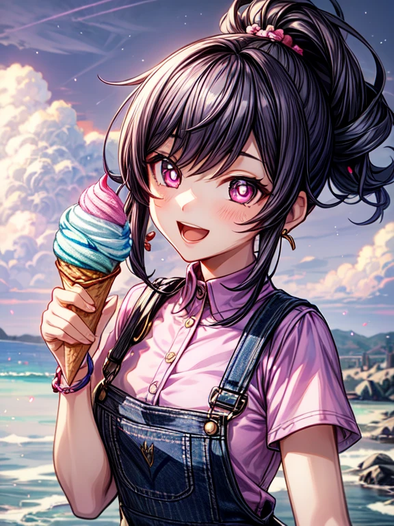 masterpiece,Best quality, 1 Girl,One,haru urara,overalls,overalls шорты,flower-shaped pupils,change,pink shirt,holding ice cream,(ponytail:0.6),smile,open mouth,Mainly cloudy, 