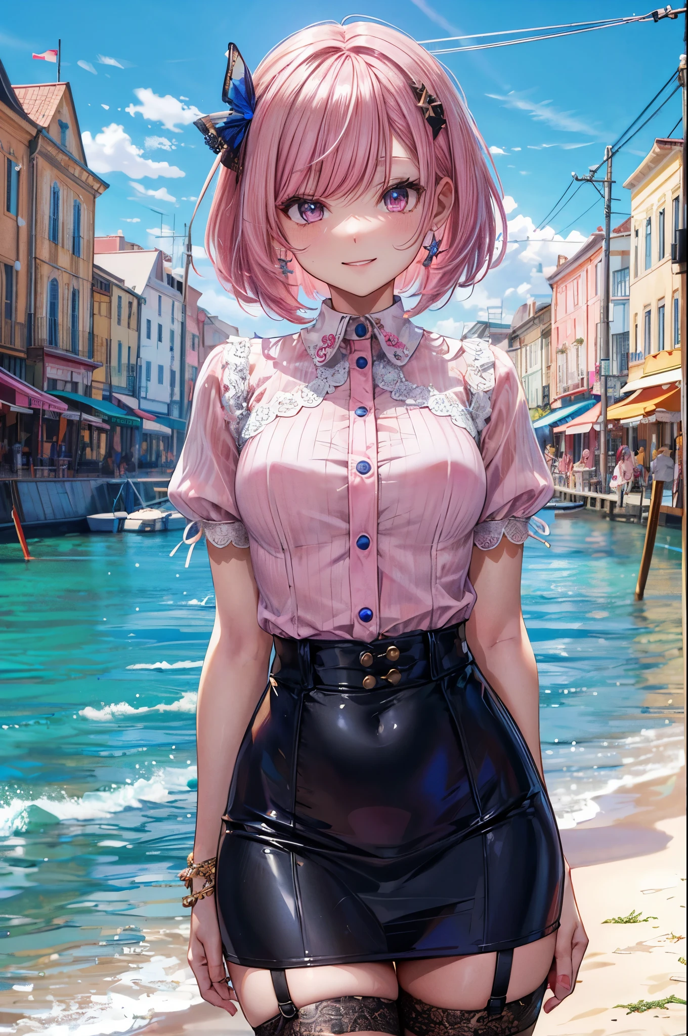 ((white lace shirt, black Pencil Skirt, Panty stocking,)), break, skinny, 4 defined fingers, 1 defined thumb, looking at viewer, solo, 1 woman, 25 years old, AI generated, highest quality, masterpiece, skindentation, perfect face, 8k , cowboy shot, (short hair), (pink hair:1.5), bob cut, black eye, smile, thin thighs, medium breasts, perfect limbs, sexy, (visible nipples:0.7), (camel toe:0.3), (arms at sides), (bright seaside), standing, ((metallic costume)), facing straight at viewer,