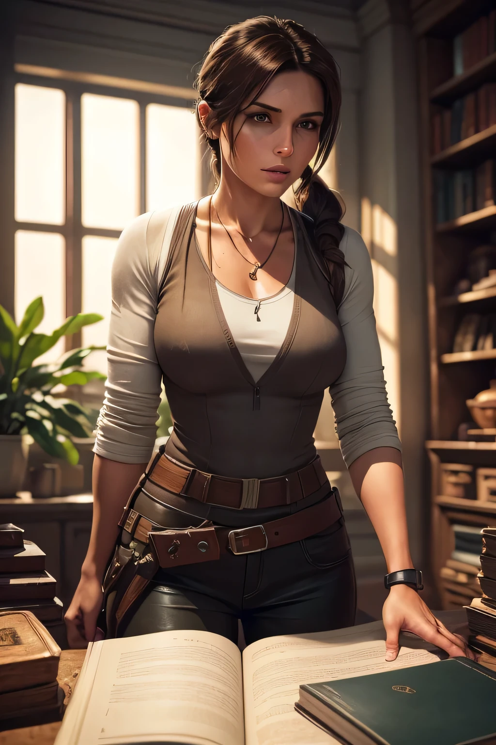 Create an illustration of Lara Croft in a dedicated artifact room within Croft Manor, surrounded by her extensive collection of ancient relics and treasures. The room is filled with display cases, shelves, and pedestals showcasing a variety of artifacts from different cultures and time periods. Lara is at a large, well-lit worktable, carefully cataloging and cleaning a specific artifact. She has a laptop open, along with notebooks and reference books spread out around her. The lighting is a mix of natural light from a nearby window and focused task lighting on the table. Lara is dressed in casual, practical clothing suitable for indoor work, with her hair tied back in a ponytail. The overall atmosphere should reflect a blend of scholarly focus and the adventurous spirit of her discoveries.