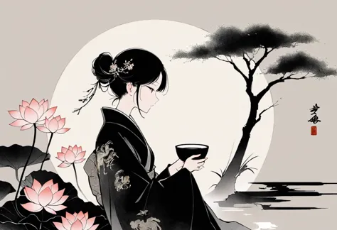 (大量留white:1.5)，white, white色背景, simple, Minimalism, abstract,Freehand，Aesthetic，黑与white，Ink Painting，antiquity，Lotus，Girl drinki...