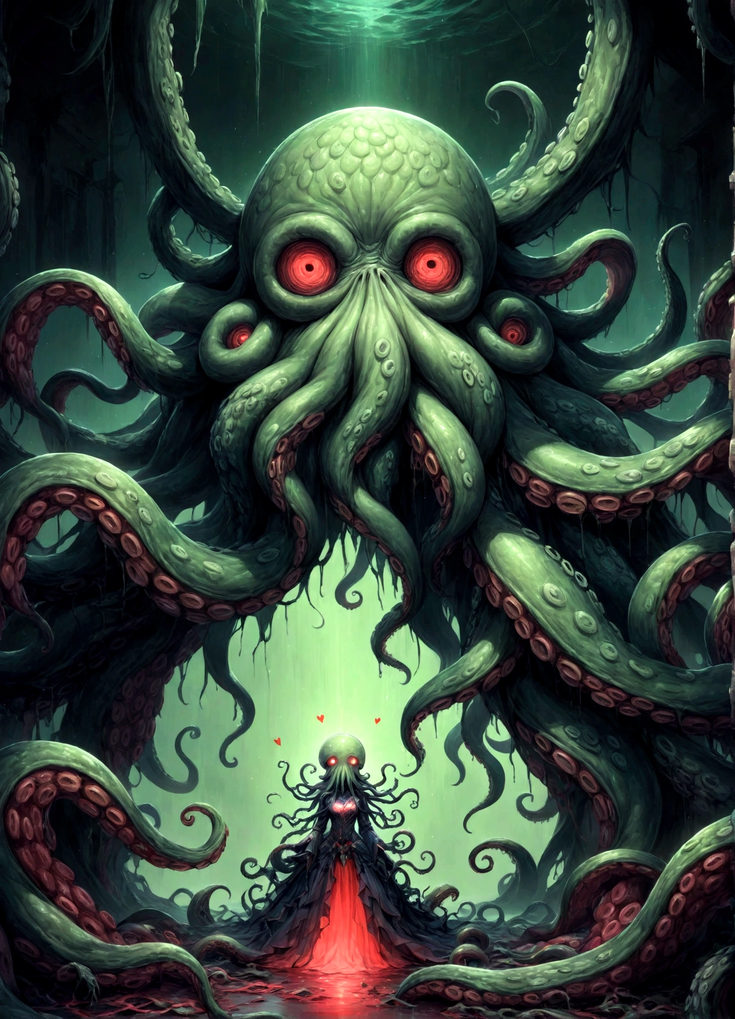 A dark fantasy scene depicting the terrifying creature Cthulhu,emerging from the abyss. The monstrous figure,shrouded in shadows,has large,((menacing tentacles reaching out toward the viewer:1.3)),The atmosphere is eerie and foreboding,with a stormy,nightmarish sky filled with swirling dark clouds. The sea below is turbulent and foamy,reflecting the chaos above. Dim,ghostly lights illuminate parts of Cthulhu’s form,enhancing the horror. The viewer feels an intense sense of dread as the tentacles draw nearer,creating a gripping,immersive experience.,(masterpiece:1.3),(highest quality:1.4),(ultra detailed:1.5),High resolution,extremely detailed,unity 8k wallpaper,(Draws a dark and decadent background,Expresses the fear that the viewer feels,collapses the bottom of the image,Please express it artistically by blurring it in some places.),dynamically,Presence,fear,despair,dark fantasy,Nervousness,Light and darkness