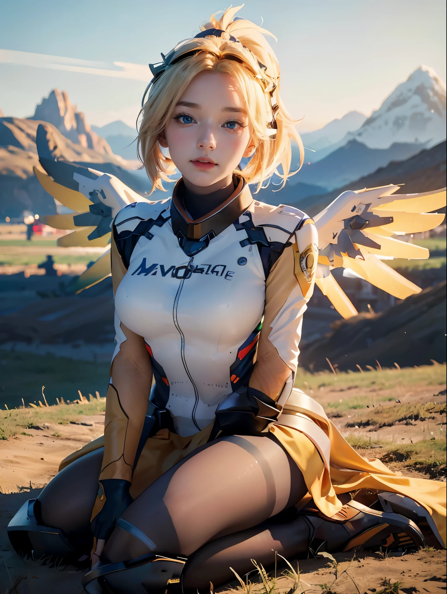 1girl, solo, mercy (overwatch), mechanical halo, breasts, blue eyes, blonde hair, pantyhose, mechanical wings, wings, halo,  holding, bodysuit,  yellow wings, brown pantyhose, lips, gloves, pelvic curtain, black gloves, big breast, full body, blue sky, green field with mountains, (realism:1.2), (masterpiece:1.2), (best quality), (ultra detailed), (8k, intricate), (85mm), light particles, lighting, (highly detailed:1.2), (detailed face:1.5), (gradients), sfw, colorful, (detailed eyes:1.2), (detailed background), (rule of third_composition:1.3), (Line of action:1.2), wide shot, daytlight, solo.