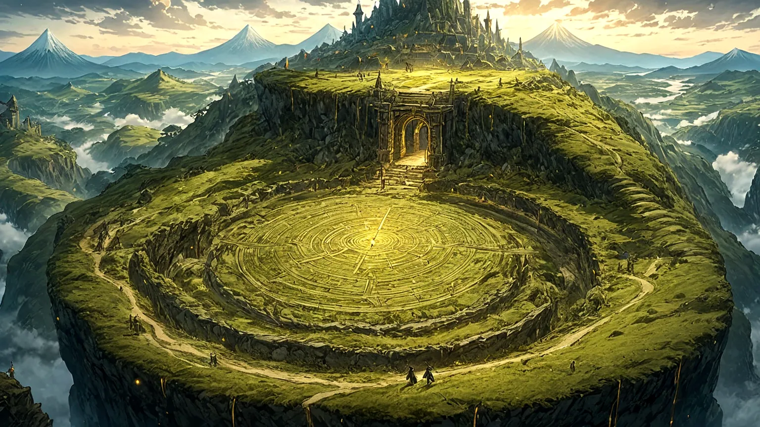 Japanese animation style、Sword and magic world fantasy、Embark on an adventure、Grassland Dungeon Entrance、Delicate line drawing、Fantastic pattern of gold thread、magic circle、Beautiful views、high resolution、Amazingly detailed depiction、4k、128k、Do not depict ...