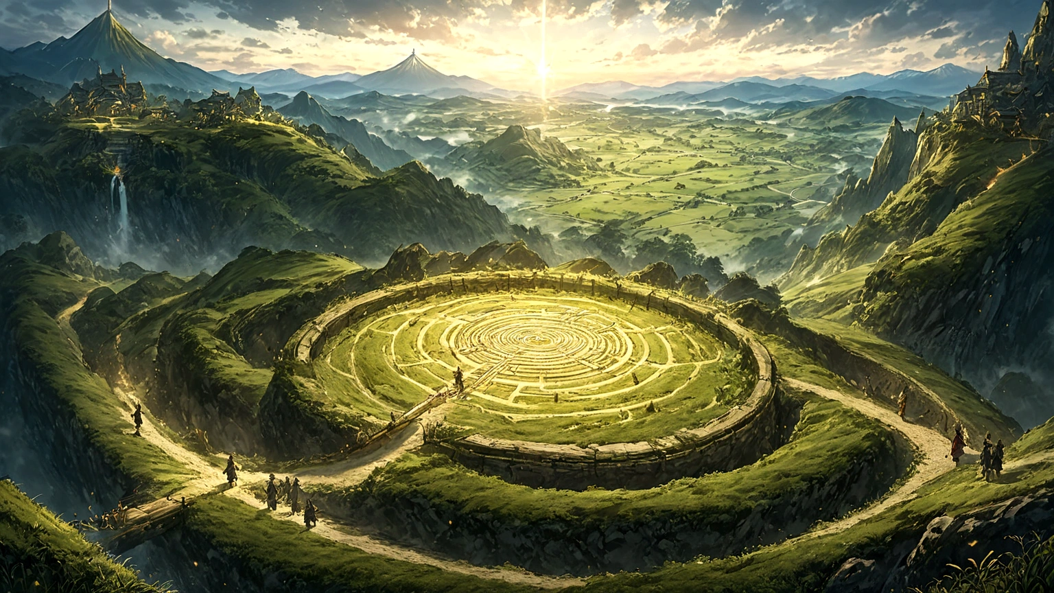 Japanese animation style、Sword and magic world fantasy、Embark on an adventure、Grassland Dungeon Entrance、Delicate line drawing、Fantastic pattern of gold thread、magic circle、Beautiful views、high resolution、Amazingly detailed depiction、4k、128k、Do not depict people、