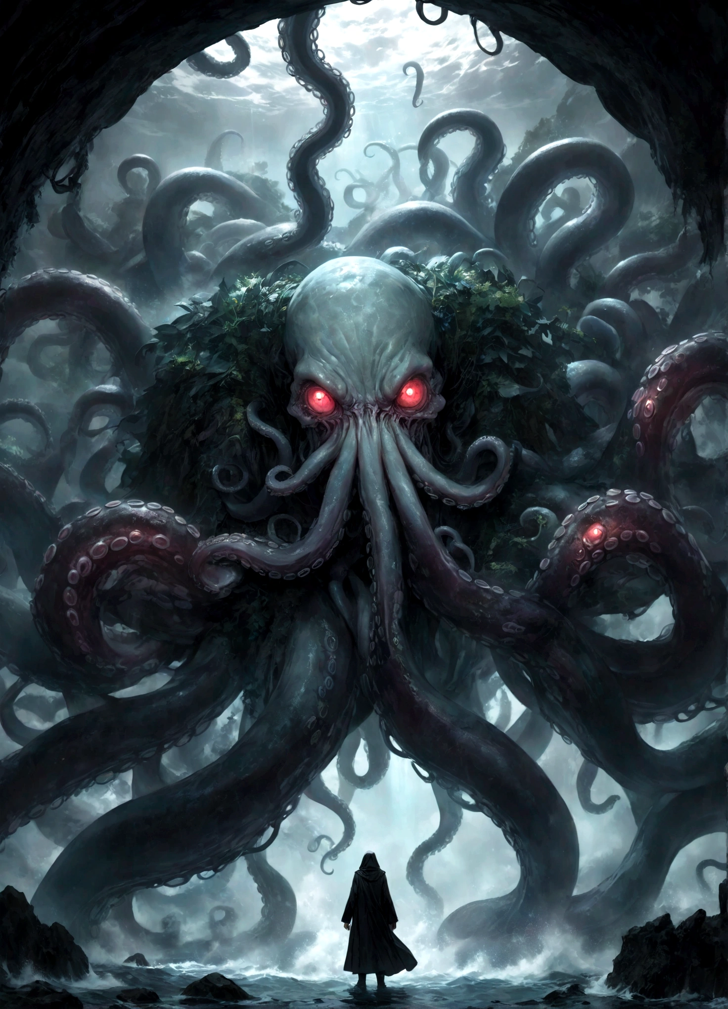 A dark fantasy scene depicting the terrifying creature Cthulhu,emerging from the abyss. The monstrous figure,shrouded in shadows,has large,((menacing tentacles reaching out toward the viewer:1.3)),The atmosphere is eerie and foreboding,with a stormy,nightmarish sky filled with swirling dark clouds. The sea below is turbulent and foamy,reflecting the chaos above. Dim,ghostly lights illuminate parts of Cthulhu’s form,enhancing the horror. The viewer feels an intense sense of dread as the tentacles draw nearer,creating a gripping,immersive experience.,(masterpiece:1.3),(highest quality:1.4),(ultra detailed:1.5),High resolution,extremely detailed,unity 8k wallpaper,(Draws a dark and decadent background,Expresses the fear that the viewer feels,collapses the bottom of the image,Please express it artistically by blurring it in some places.),dynamically,Presence,fear,despair,dark fantasy,Nervousness,Light and darkness