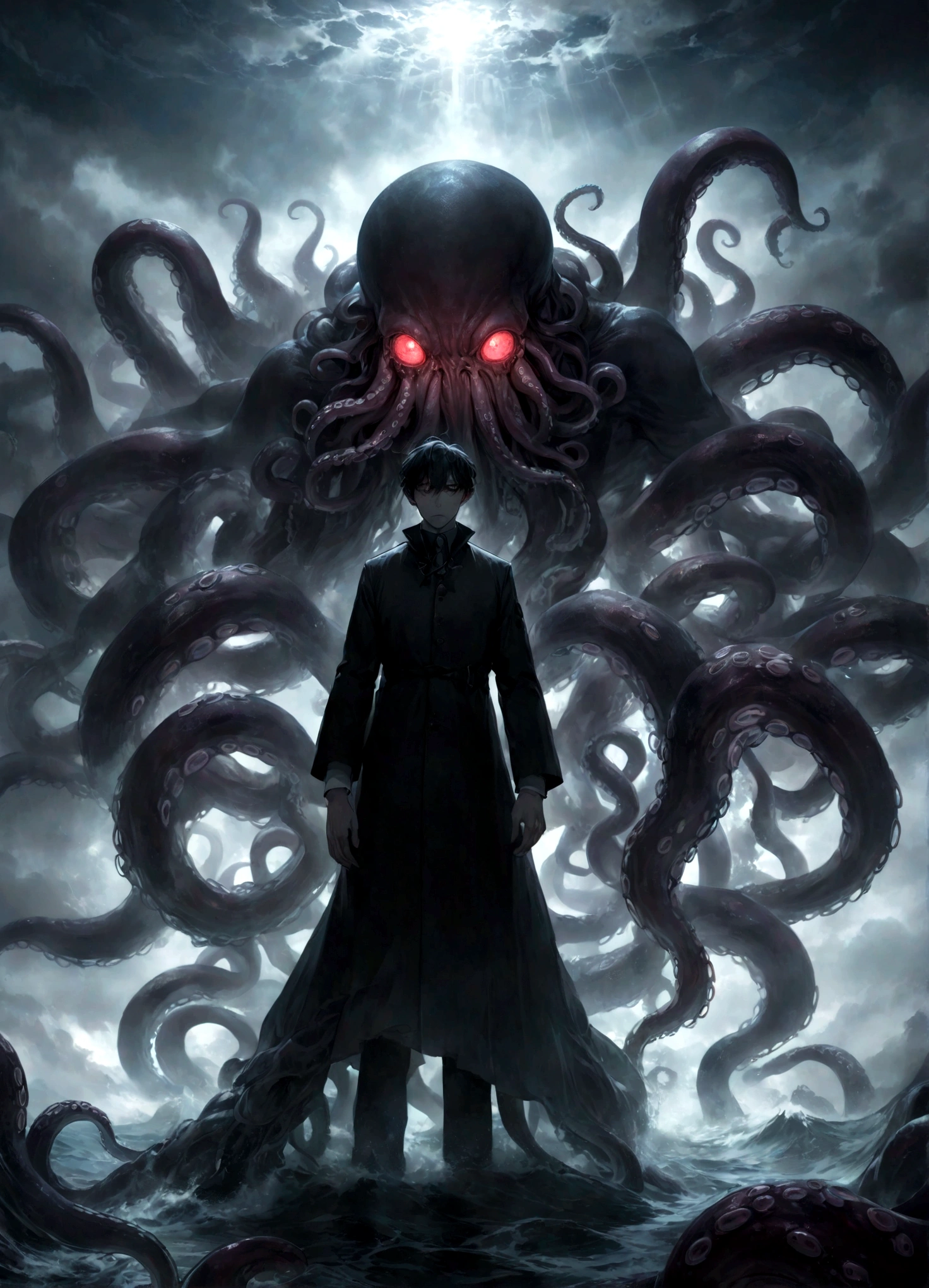 A dark fantasy scene depicting the terrifying creature Cthulhu,emerging from the abyss. The monstrous figure,shrouded in shadows,has large,((menacing tentacles reaching out toward the viewer:1.3)),The atmosphere is eerie and foreboding,with a stormy,nightmarish sky filled with swirling dark clouds. The sea below is turbulent and foamy,reflecting the chaos above. Dim,ghostly lights illuminate parts of Cthulhu’s form,enhancing the horror. The viewer feels an intense sense of dread as the tentacles draw nearer,creating a gripping,immersive experience.,(masterpiece:1.3),(highest quality:1.4),(ultra detailed:1.5),High resolution,extremely detailed,unity 8k wallpaper,(Draws a dark and decadent background,Expresses the fear that the viewer feels,collapses the bottom of the image,Please express it artistically by blurring it in some places.),dynamically,Presence,fear,despair,dark fantasy,Nervousness,Light and darkness