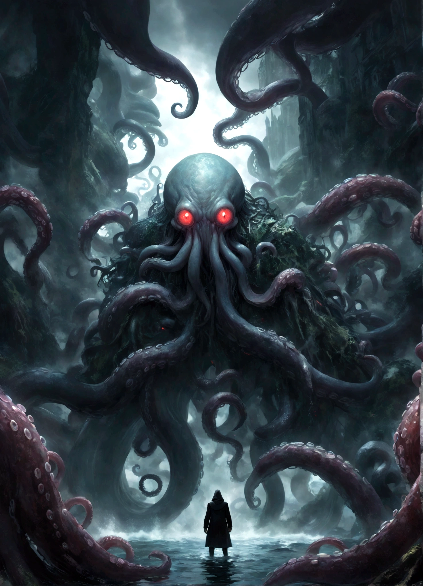 A dark fantasy scene depicting the terrifying creature Cthulhu,emerging from the abyss. The monstrous figure,shrouded in shadows,has large,((menacing tentacles reaching out toward the viewer:1.3)),The atmosphere is eerie and foreboding,with a stormy,nightmarish sky filled with swirling dark clouds. The sea below is turbulent and foamy,reflecting the chaos above. Dim,ghostly lights illuminate parts of Cthulhu’s form,enhancing the horror. The viewer feels an intense sense of dread as the tentacles draw nearer,creating a gripping,immersive experience.,(masterpiece:1.3),(highest quality:1.4),(ultra detailed:1.5),High resolution,extremely detailed,unity 8k wallpaper,(Draws a dark and decadent background,Expresses the fear that the viewer feels,collapses the bottom of the image,Please express it artistically by blurring it in some places.),dynamically,Presence,fear,despair,dark fantasy,Nervousness,Light and darkness