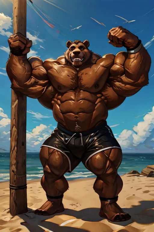 solo, 2boys, beach, size different, extremely huge muscular, massive muscular, grizzly bear, full-body, well-muscled, being shir...