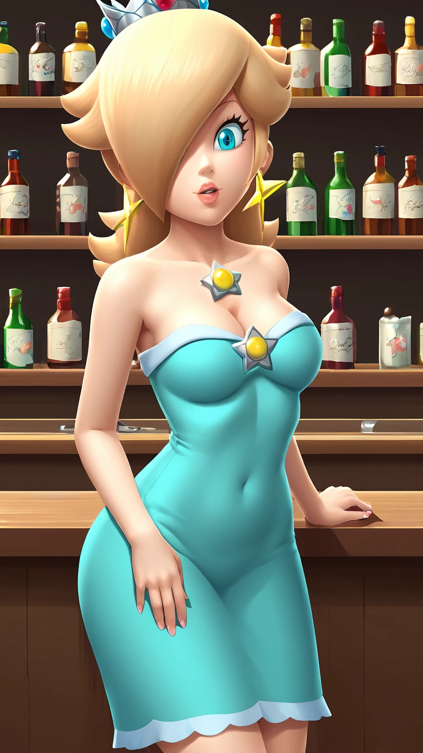 score_9, score_8_up, 1girl, solo, rosalina, style parody, thick outlines, blue dress, sleeveless, strapless, cleavage, indoors, bar, 