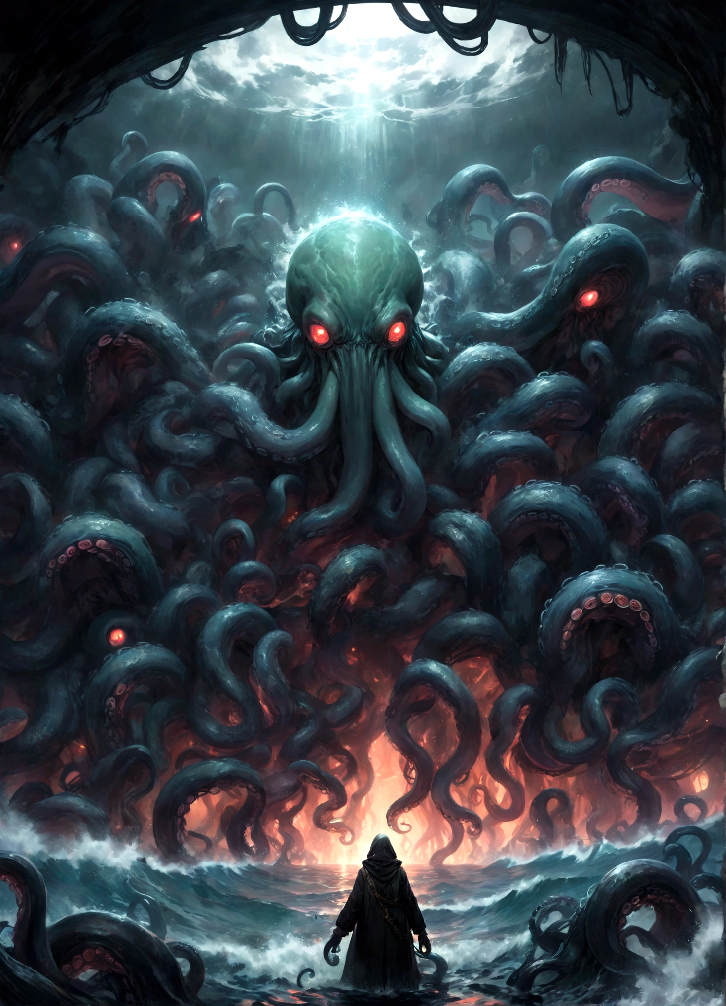 A dark fantasy scene depicting the terrifying creature Cthulhu,emerging from the abyss. The monstrous figure,shrouded in shadows,has large,((menacing tentacles reaching out toward the viewer:1.3)),The atmosphere is eerie and foreboding,with a stormy,nightmarish sky filled with swirling dark clouds. The sea below is turbulent and foamy,reflecting the chaos above. Dim,ghostly lights illuminate parts of Cthulhu’s form,enhancing the horror. The viewer feels an intense sense of dread as the tentacles draw nearer,creating a gripping,immersive experience.,(masterpiece:1.3),(highest quality:1.4),(ultra detailed:1.5),High resolution,extremely detailed,unity 8k wallpaper,(Draws a dark and decadent background,Expresses the fear that the viewer feels,collapses the bottom of the image,Please express it artistically by blurring it in some places.),dynamically,Presence,fear,despair,dark fantasy,Nervousness,Light and darkness