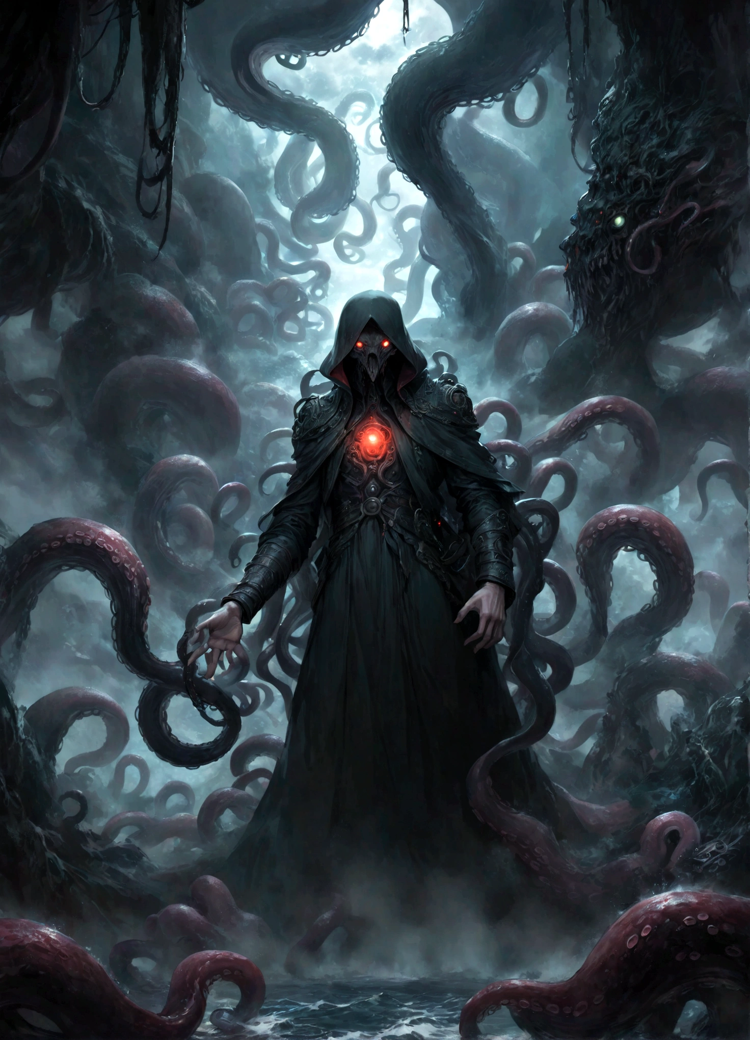 A dark fantasy scene depicting the terrifying creature Cthulhu,emerging from the abyss. The monstrous figure,shrouded in shadows,has large,((menacing tentacles reaching out toward the viewer:1.3)),The atmosphere is eerie and foreboding,with a stormy,nightmarish sky filled with swirling dark clouds. The sea below is turbulent and foamy,reflecting the chaos above. Dim,ghostly lights illuminate parts of Cthulhu’s form,enhancing the horror. The viewer feels an intense sense of dread as the tentacles draw nearer,creating a gripping,immersive experience.,(masterpiece:1.3),(highest quality:1.4),(ultra detailed:1.5),High resolution,extremely detailed,unity 8k wallpaper,(Draws a dark and decadent background,Expresses the fear that the viewer feels,collapses the bottom of the image,Please express it artistically by blurring it in some places.),dynamically,Presence,fear,despair,dark fantasy,Nervousness,Light and darkness