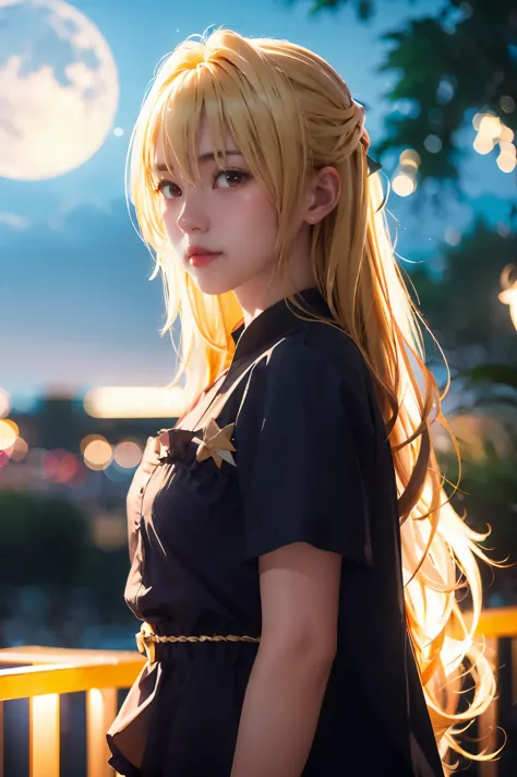 yami , star night, stars , night , outside, moon, full moon, blonde_hair, red eyes