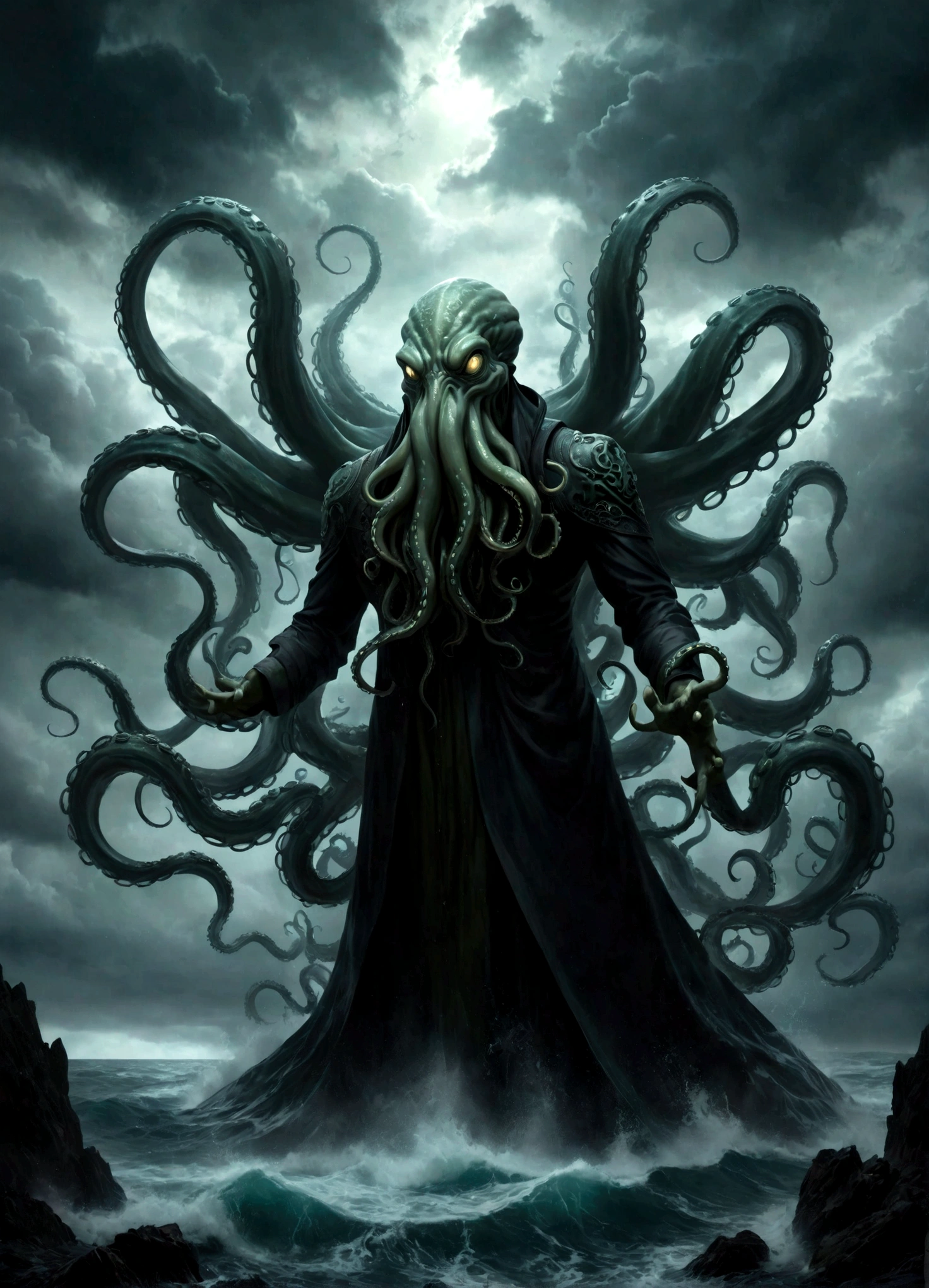 A dark fantasy scene depicting the terrifying creature Cthulhu,emerging from the abyss. The monstrous figure,shrouded in shadows,has large,((menacing tentacles reaching out toward the viewer:1.3)),The atmosphere is eerie and foreboding,with a stormy,nightmarish sky filled with swirling dark clouds. The sea below is turbulent and foamy,reflecting the chaos above. Dim,ghostly lights illuminate parts of Cthulhu’s form,enhancing the horror. The viewer feels an intense sense of dread as the tentacles draw nearer,creating a gripping,immersive experience.,(masterpiece:1.3),(highest quality:1.4),(ultra detailed:1.5),High resolution,extremely detailed,unity 8k wallpaper,(Draws a dark and decadent background,Expresses the fear that the viewer feels,collapses the bottom of the image,Please express it artistically by blurring it in some places.),dynamically,Presence,fear,despair,dark fantasy,Nervousness,Light and darkness